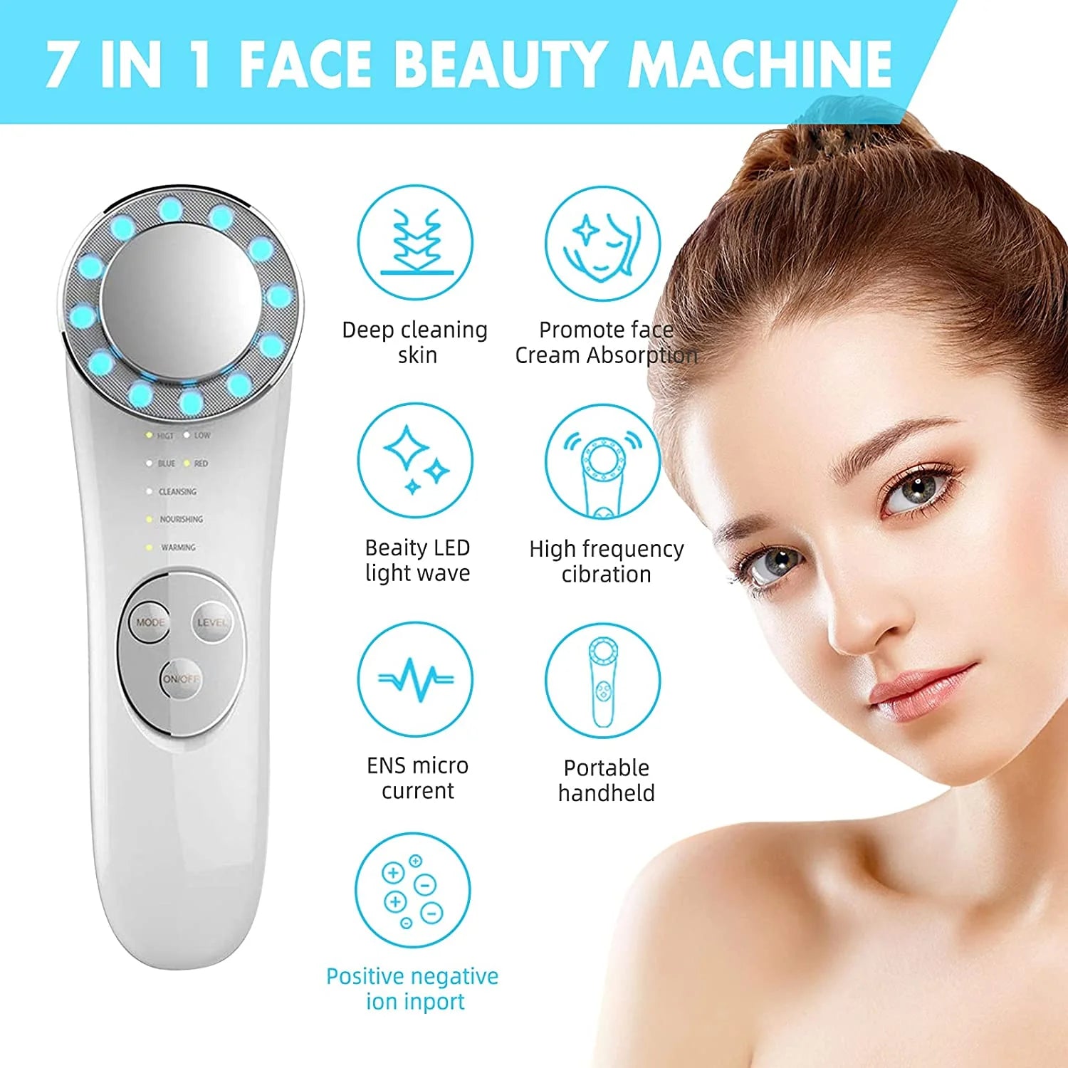 Face Massager 7 in 1 Skin Care Tools Red and Blue Light Therapy High Frequency Facial Machine Face Cleaner Lifting Machine Face Machine