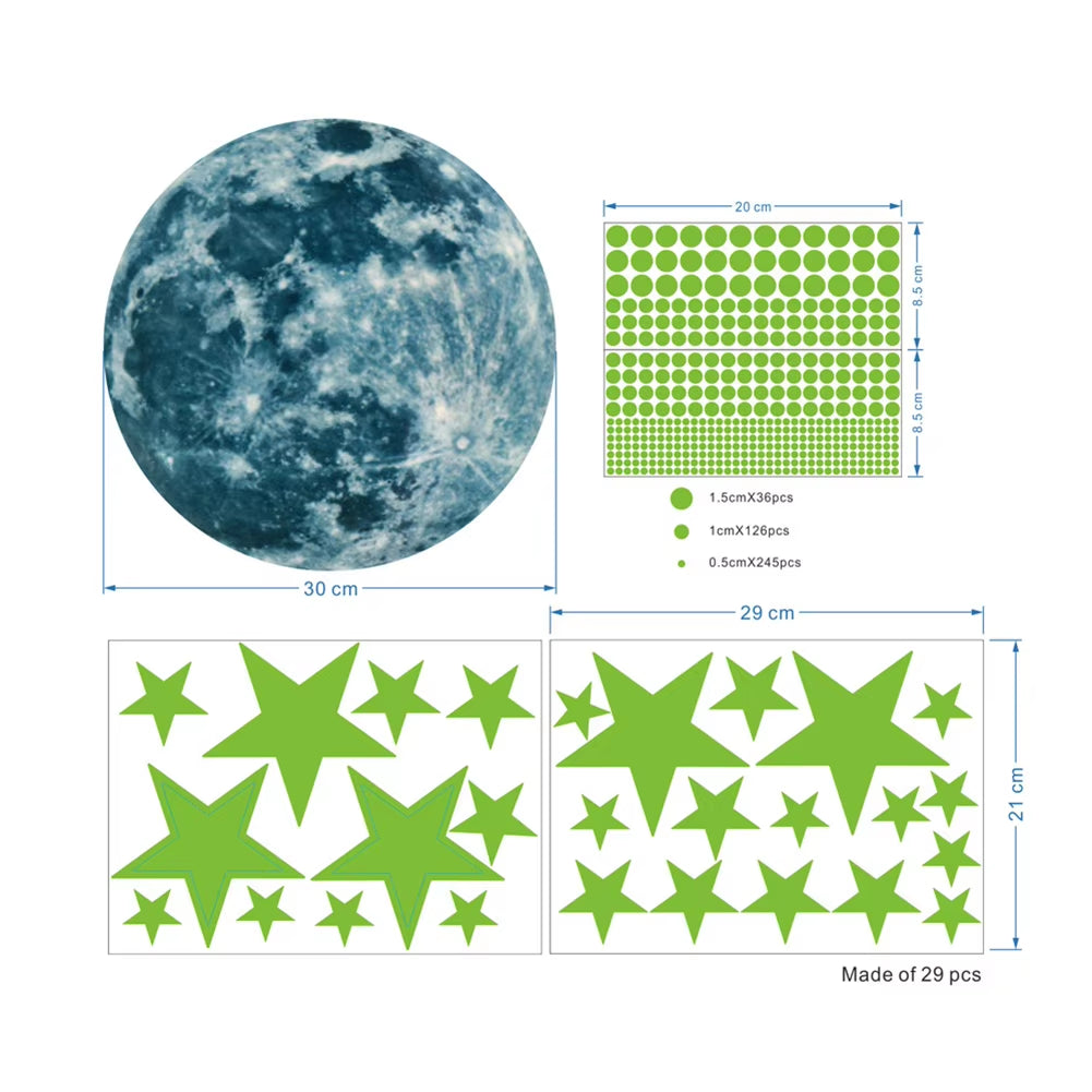 435Pcs/Set 30Cm Moon Stars Dots Green Luminous Wall Sticker Children Room Ceiling Stairs Decoration Fluorescent Mural Decals